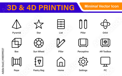 3D and 4D Printing Icons – Outline, Vector, and Line Art Illustrations for Printing Tech, Prototyping, Design, Engineering, and Innovation Projects