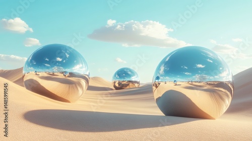 Three reflective spheres in the desert mirror the sky, creating a captivating surreal landscape.