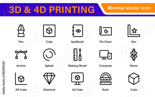 3D and 4D Printing Icons – Outline, Vector, and Line Art Illustrations for Printing Tech, Prototyping, Design, Engineering, and Innovation Projects