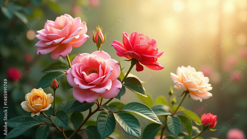 Fototapeta premium Beautiful Roses in Bloom with Sunlight in the Garden