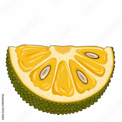 Section of fruit with a yellow rind and center shows seeds and green skin detail