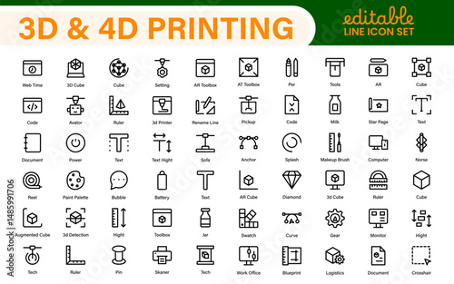 3D and 4D Printing Icons – Outline, Vector, and Line Art Illustrations for Printing Tech, Prototyping, Design, Engineering, and Innovation Projects