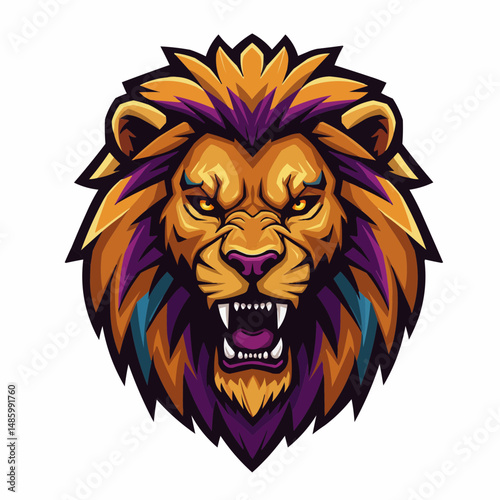 Illustration of a lion's face, detailed with purple and gold, angular style, and intense eyes