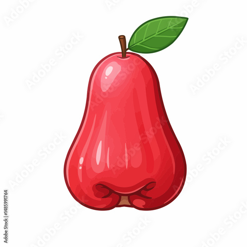 A vibrant, shiny rose apple with a leafy green accent stands out on a blank canvas