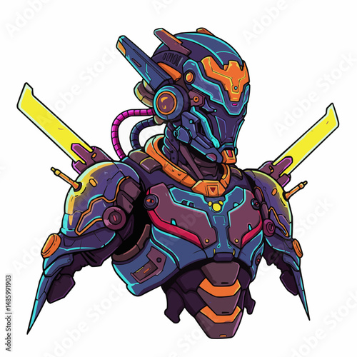 Illustrated cyborg warrior. Highly detailed, robotic, neon highlights, and bold outlines
