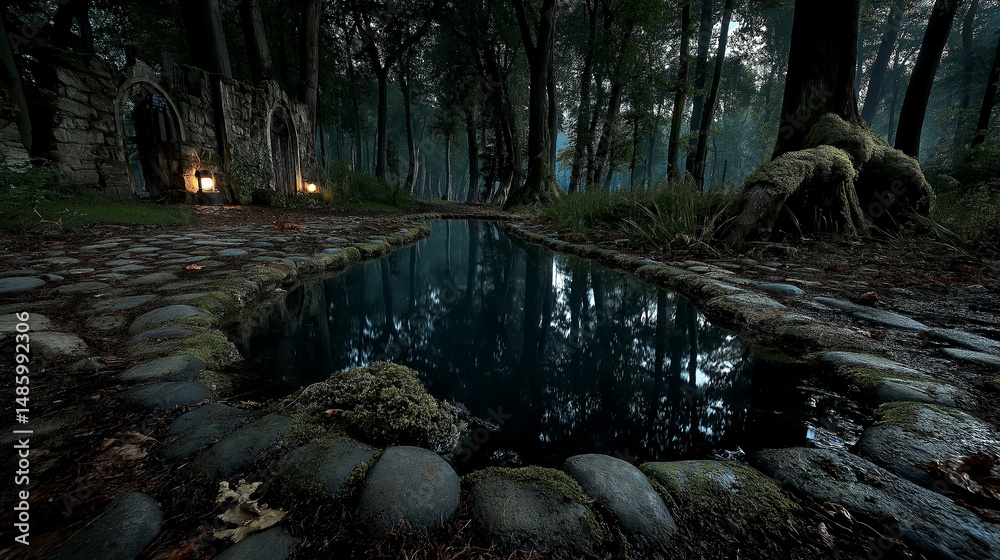 Fototapeta premium Haunted forest gateway – Portal framed by bones and runes