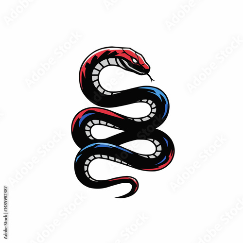 Striking snake, scales in red, black, blue, on white. Tongue flicks out, menacing