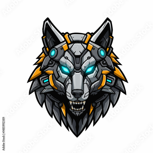 Cybernetic canid, metallic & grey, with bright-blue eyes. Robotic design with hints of orange