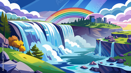 Niagara Falls, New York
Thunderous white waters plunge into swirling mist, crowned by a rainbow arching across the roaring falls.

