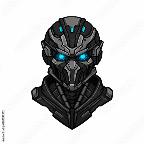 Robotic head with bright blue eyes