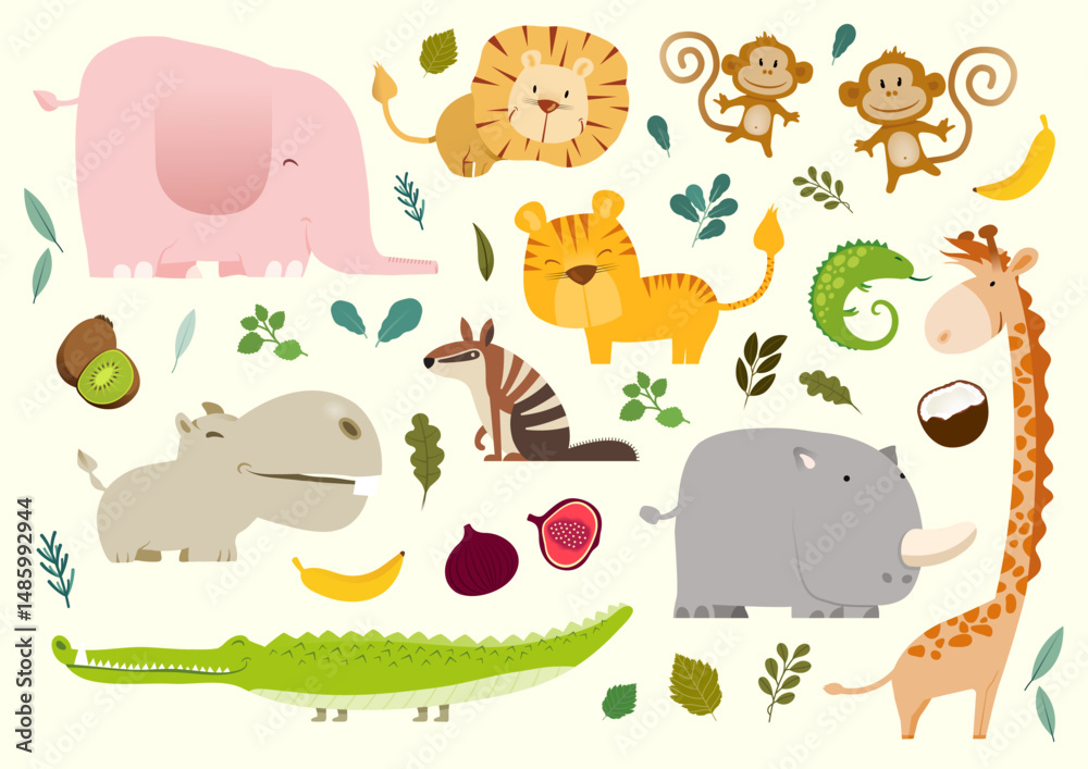 Fototapeta premium Cute jungle animals set. Childish print for cards, apparel and decoration