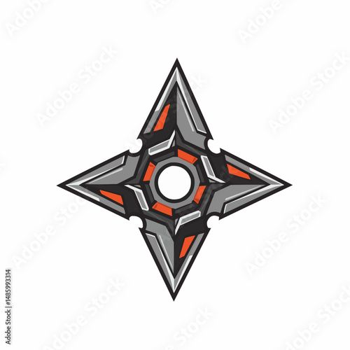 Stylized triangular shuriken form with gray and red accents on a white background