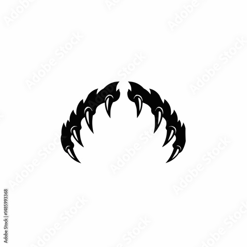 Two stylized claws reach up with sharp edges, in stark black on white contrast