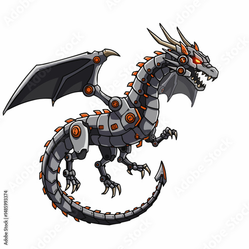 Mechanical dragon with silver armor, orange highlights, dark wings, and pointy horns