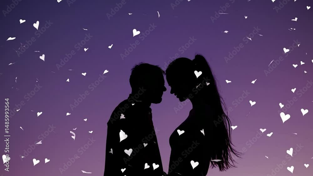 Silhouettes of a young couple facing each other against a gradient purple background. Heart shapes float around them, creating a romantic atmosphere. Silhouettes of a young couple facing each other against a gradient purple background. Heart shapes float around them, creating a romantic atmosphere.