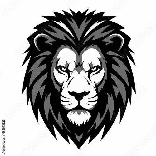 Graphic depiction of a lion's head with black, gray and white color scheme