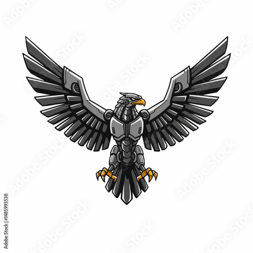 Robotic eagle with metallic wings spread in a powerful pose