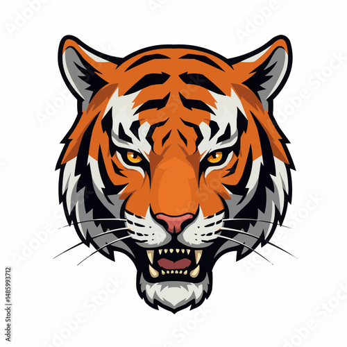 The face of an orange and black tiger with piercing yellow eyes stares out