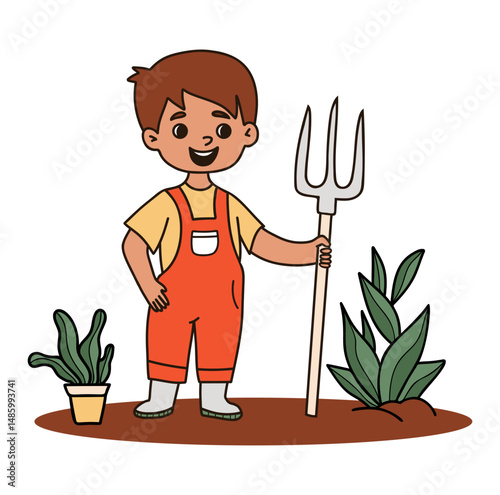Cute boy Gardening with Pitchfork. Kid farmer character with tool and plants. Hand Color drawing. Vector illustration