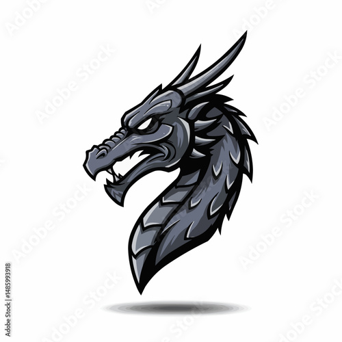 Cartoonish dragon head in gray scale with menacing eyes and spikes
