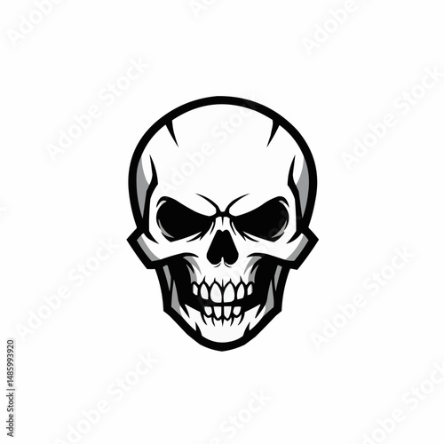 Half of a skull with heavy black outlines, white space, and shadowy effects