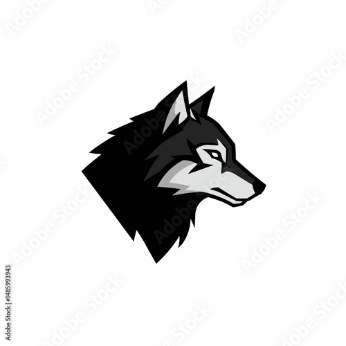 A monochromatic, digital wolf head illustration in black, gray, and white
