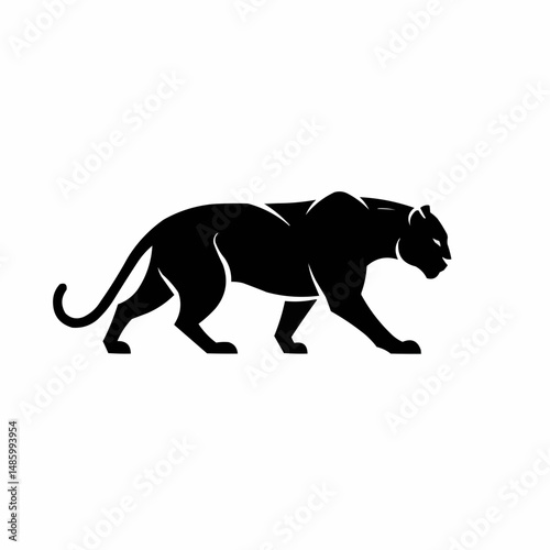 Black silhouette of a walking bear in a bold, strong pose, white background