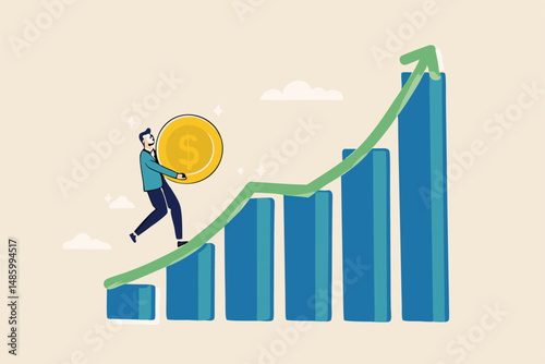 Investment graph, earning or profit from stock exchange or mutual fund, wealth management or asset growth concept, confidence businessman carry big dollar coin climb up rising up financial graph.