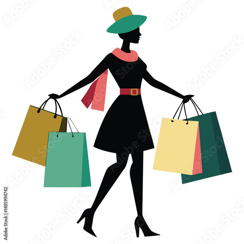 Minimalist Female Shopper Holding Shopping Bags Vector