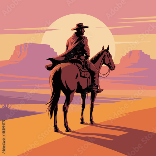 A stylized illustration of a lone cowboy riding a horse through a vast desert at sunset, soft pastel colors, wide-brimmed hat, flowing coat, dramatic shadows, minimalistic mountains in the background,