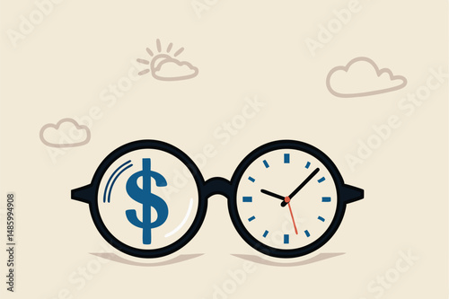 Time is money, investment profit or pension fund, value price or long term investing, saving money or debt payment, financial freedom concept, eyeglasses with dollar sign and time running clock.