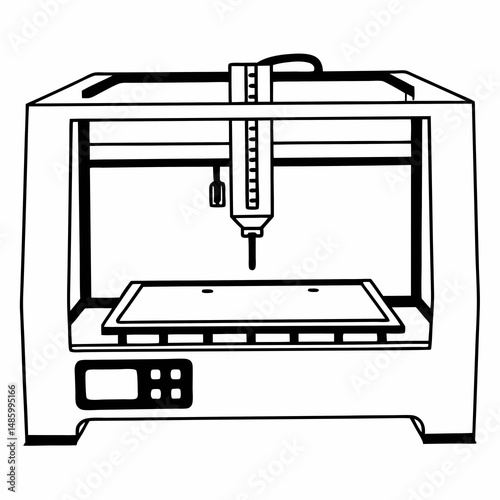 CNC milling machine with control panel - line art illustration in white background