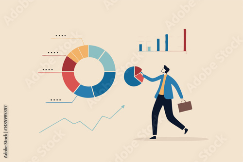 Investment portfolio adjustment, asset allocation rebalance, diversify financial plan for economic recession, inflation and interest rate concept, businessman fund manager adjust portfolio pie chart.