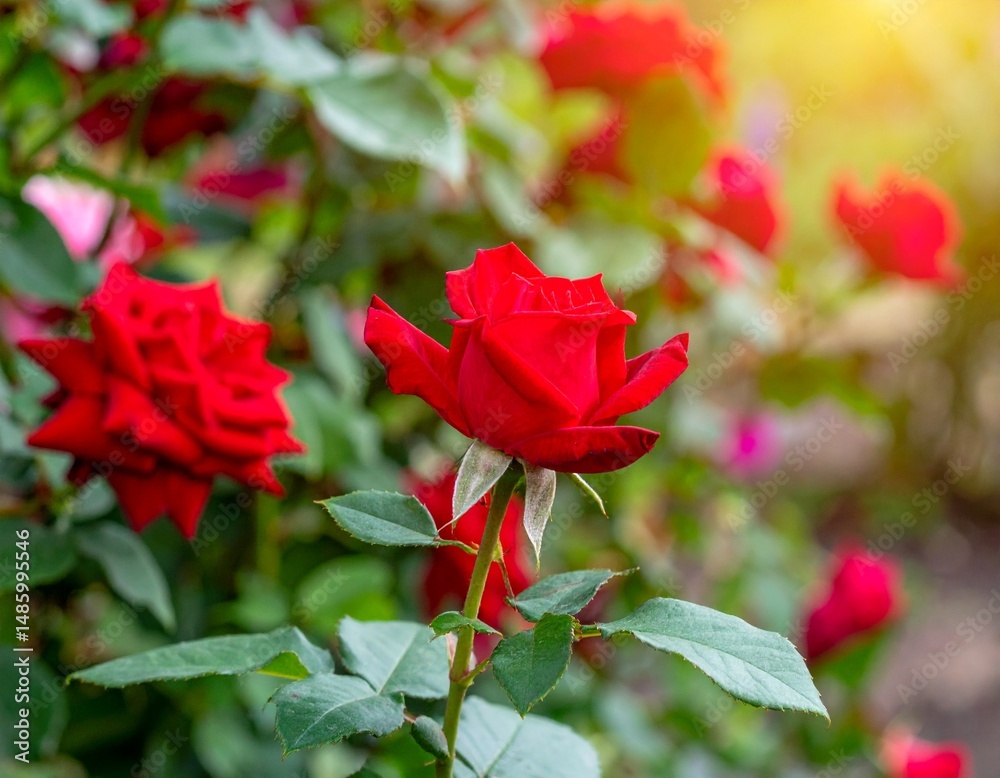 Obraz premium A sharp red rosebud reaching skyward, touched by morning light and framed by lush greenery
