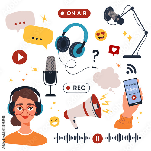 Podcasting icons set with microphones, headphones, smartphone app, and host avatar. Audio streaming and podcast concept. Flat vector illustration