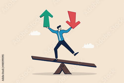 Loss and gain on investment, earning, profit or lose money from stock or crypto trade, financial green and red arrow chart concept, businessman investor balance on seesaw holding loss and gain arrow.
