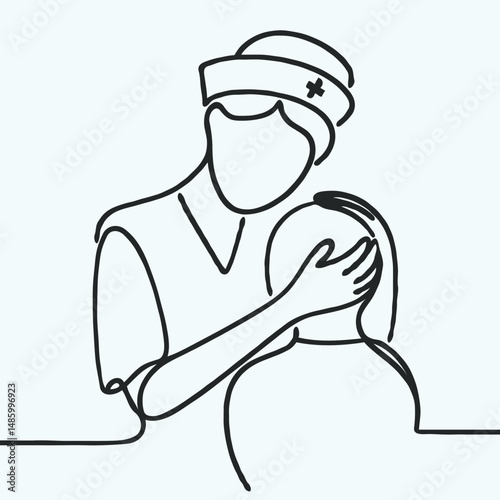 Nurse comforting patient with gentle hands in simple line art  