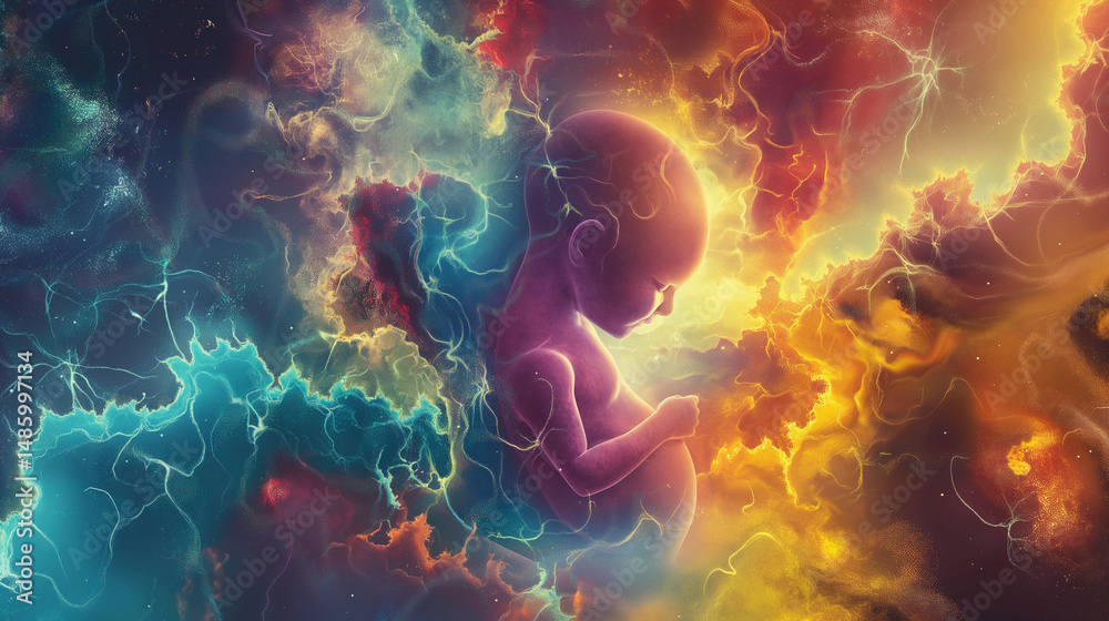 Fototapeta premium Fetus is serenely floating in a vibrant nebula, surrounded by swirling clouds of cosmic dust and energy, creating a breathtaking scene of new life amidst the vastness of space