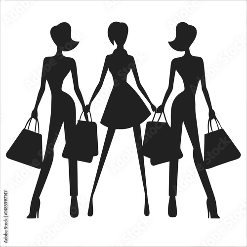 Stylish Female Silhouettes in Trendy Outfits Holding Bags