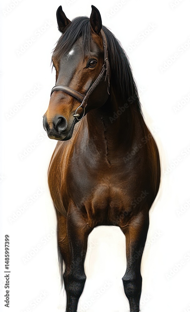 Fototapeta premium Close-up of a calm brown horse with a black mane wearing a bridle, standing against a white background, showing strong muscular build and attentive eyes