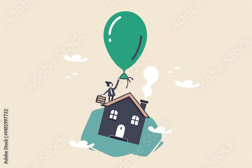 House mortgage interest rate rising up, home loan impact from inflation, real estate price bubble or housing investment opportunity concept, home owner with telescope on flying house with balloon.