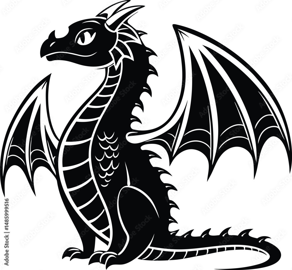 Fototapeta premium Dragon black silhouette vector, Simple silhouette Design vector icon with white background