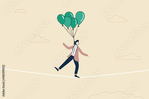 Risk management control or assessment on uncertainty, plan to survive in crisis or danger situation, reduce loss or disaster concept, businessman acrobat walk on the rope with balloons to reduce risk.