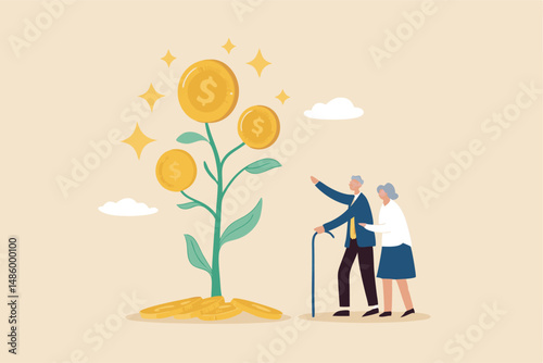Retirement pension fund, investment profit or earning for retiree, 401k or savings and senior financial planning, wealth management concept, elderly couple, grandpa look at money growth plant profit.