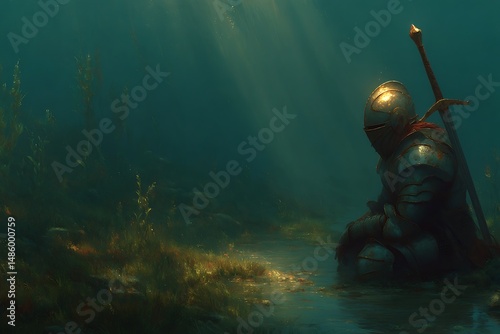 Knights rest in eerie glowing landscape