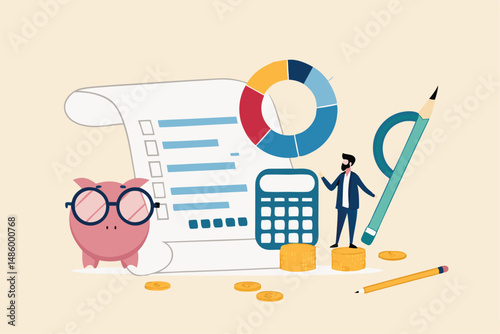 Budget planning or income management, spending and expense report or investment balance sheet, debt calculation and analysis, businessman with magnifier planning budget with calculator and chart.