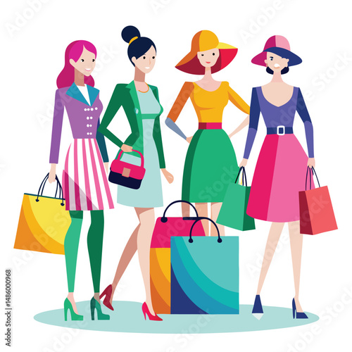 Trendy Girls Shopping Vector Illustration in Fashion