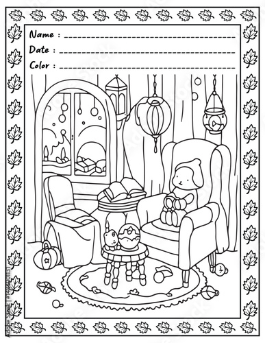 Bold and Easy Cozy Nooks Coloring Book for Adults and Kid.  
High resolution (300 DPI), 
Ready to print on standard 8.5x11-(A4) inch paper With (No Bleed), 
Black and White. 
Vector illustration 