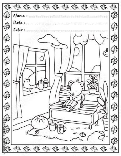 Bold and Easy Cozy Nooks Coloring Book for Adults and Kid.  
High resolution (300 DPI), 
Ready to print on standard 8.5x11-(A4) inch paper With (No Bleed), 
Black and White. 
Vector illustration 