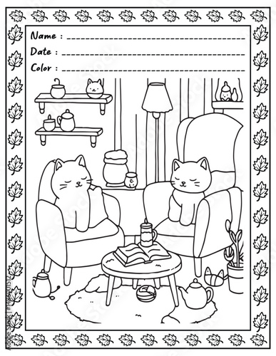 Bold and Easy Cozy Nooks Coloring Book for Adults and Kid.  
High resolution (300 DPI), 
Ready to print on standard 8.5x11-(A4) inch paper With (No Bleed), 
Black and White. 
Vector illustration 